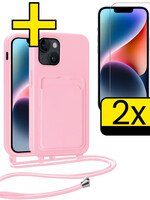 LUQ LUQ iPhone 14 Plus Hoesje Pashouder met Koord Met 2x Screenprotector - Lichtroze