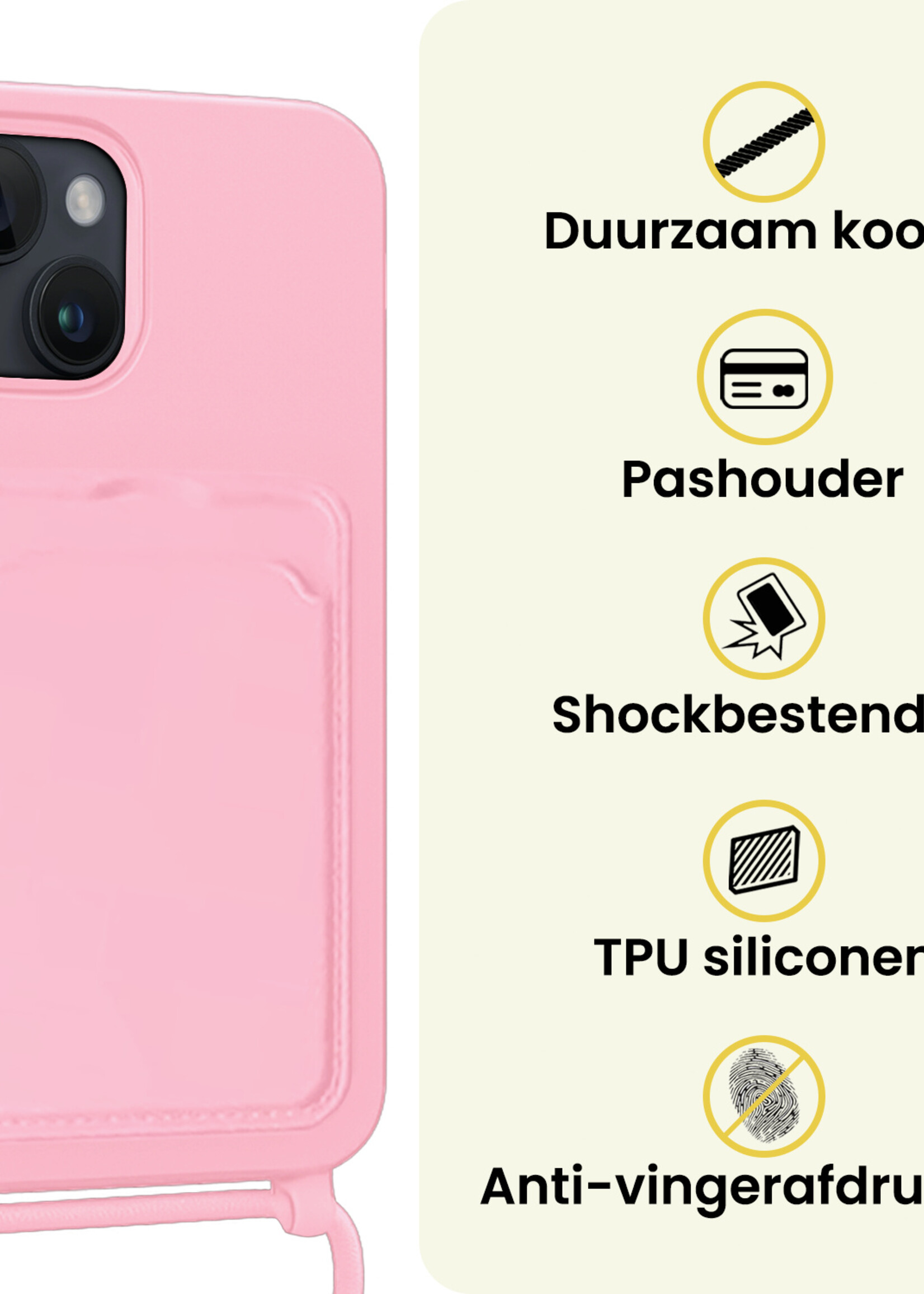 LUQ LUQ iPhone 14 Plus Hoesje Pashouder met Koord Met 2x Screenprotector - Lichtroze