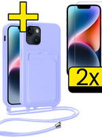 LUQ LUQ iPhone 14 Plus Hoesje Pashouder met Koord Met 2x Screenprotector - Lila