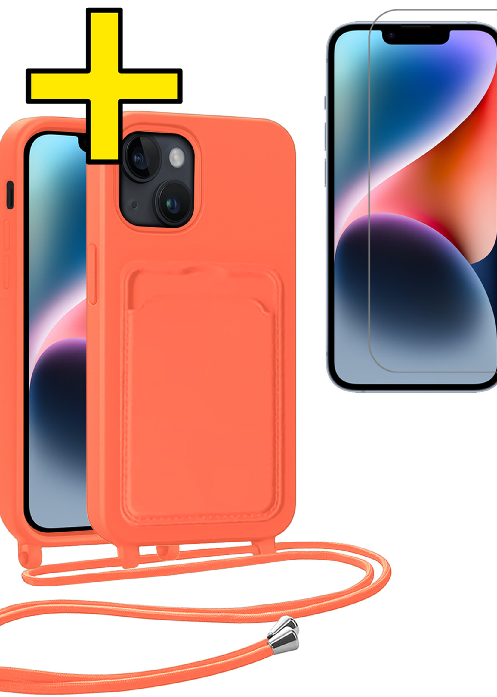 LUQ LUQ iPhone 14 Plus Hoesje Pashouder met Koord Met Screenprotector - Papaya