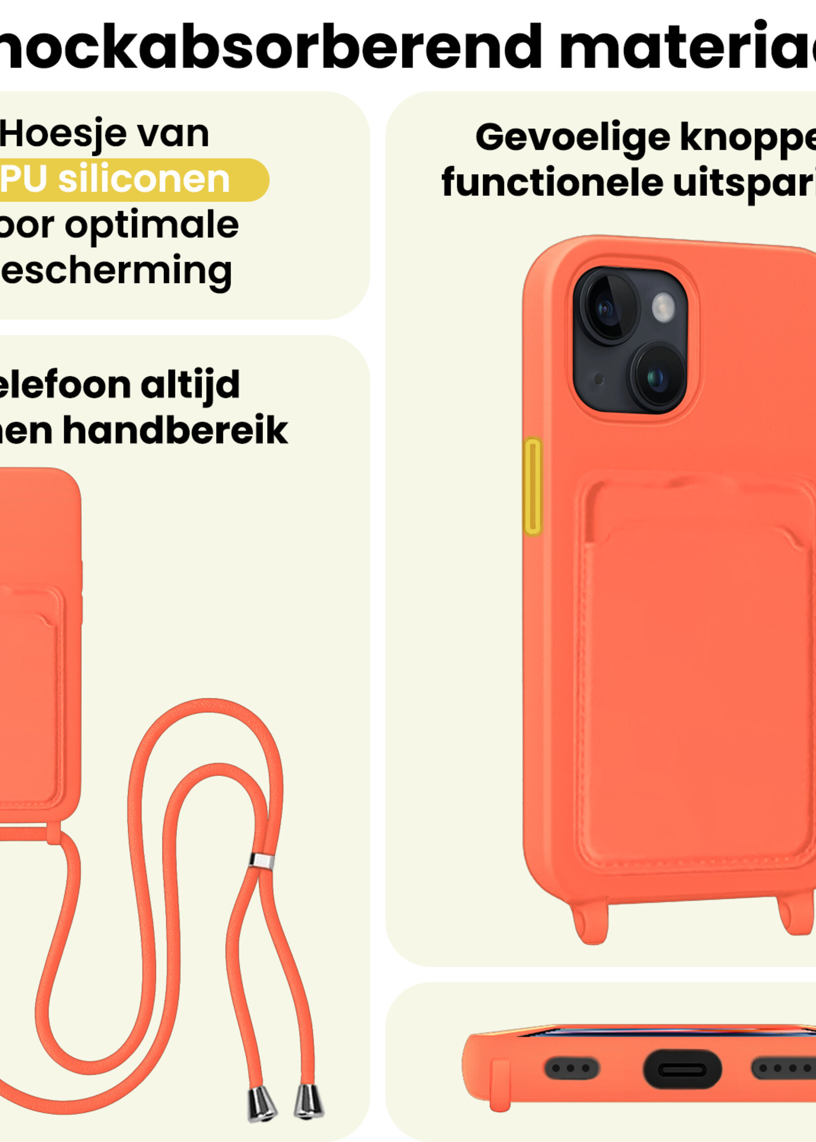 LUQ LUQ iPhone 14 Plus Hoesje Pashouder met Koord Met Screenprotector - Papaya