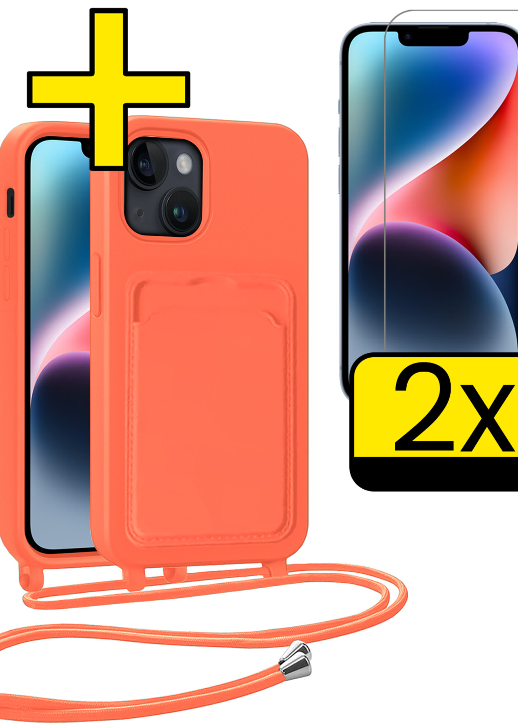 LUQ LUQ iPhone 14 Plus Hoesje Pashouder met Koord Met 2x Screenprotector - Papaya