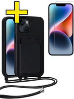 LUQ LUQ iPhone 14 Plus Hoesje Pashouder met Koord Met Screenprotector - Zwart