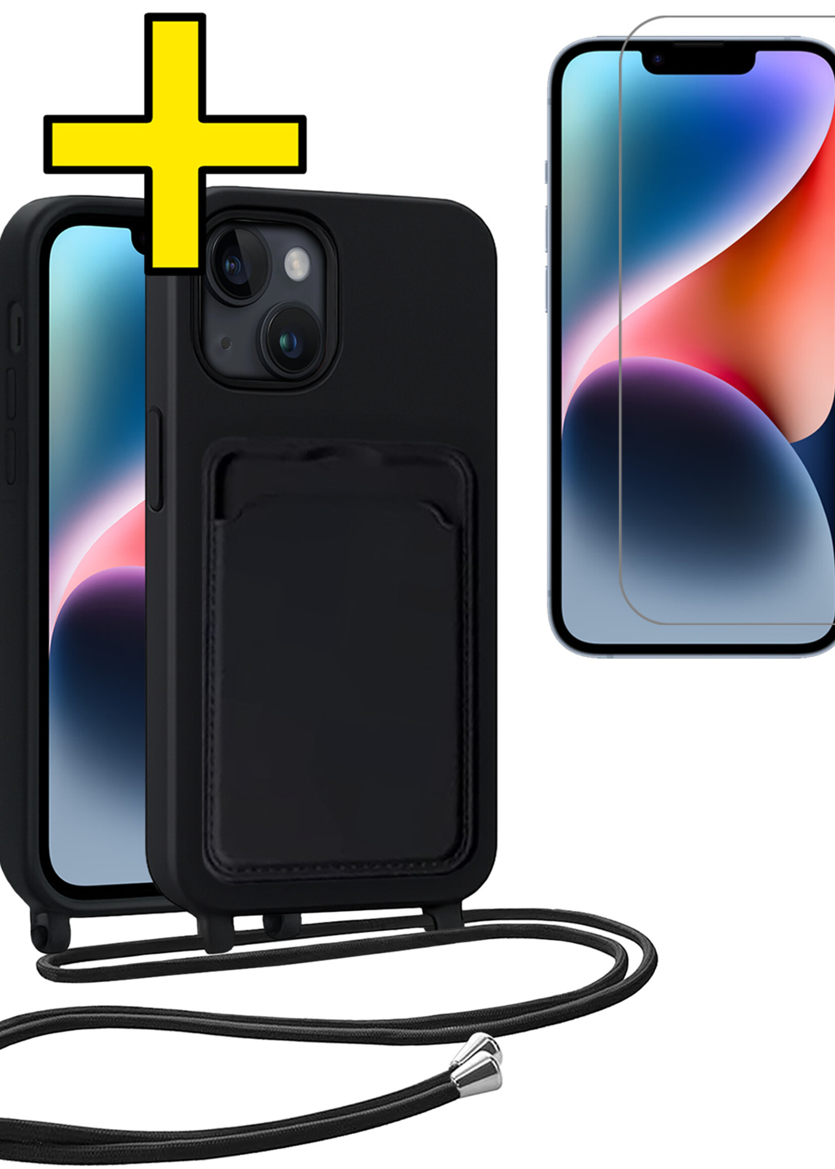 LUQ LUQ iPhone 14 Plus Hoesje Pashouder met Koord Met Screenprotector - Zwart
