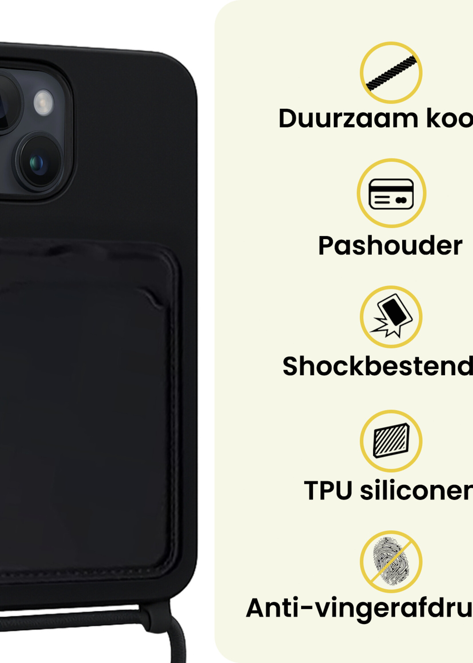 LUQ LUQ iPhone 14 Plus Hoesje Pashouder met Koord Met Screenprotector - Zwart