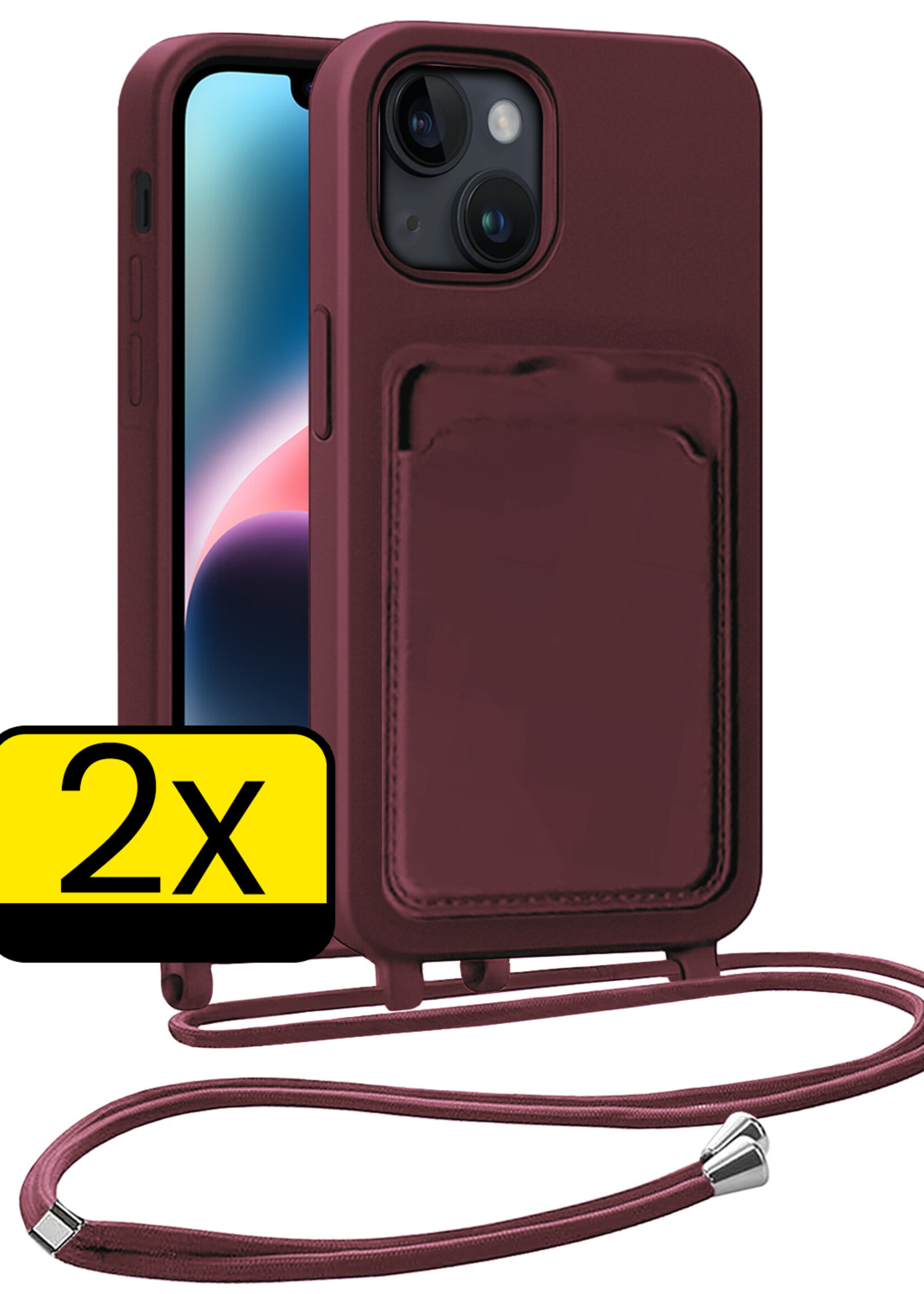 LUQ LUQ iPhone 14 Hoesje Pashouder met Koord - Aubergine - 2 PACK