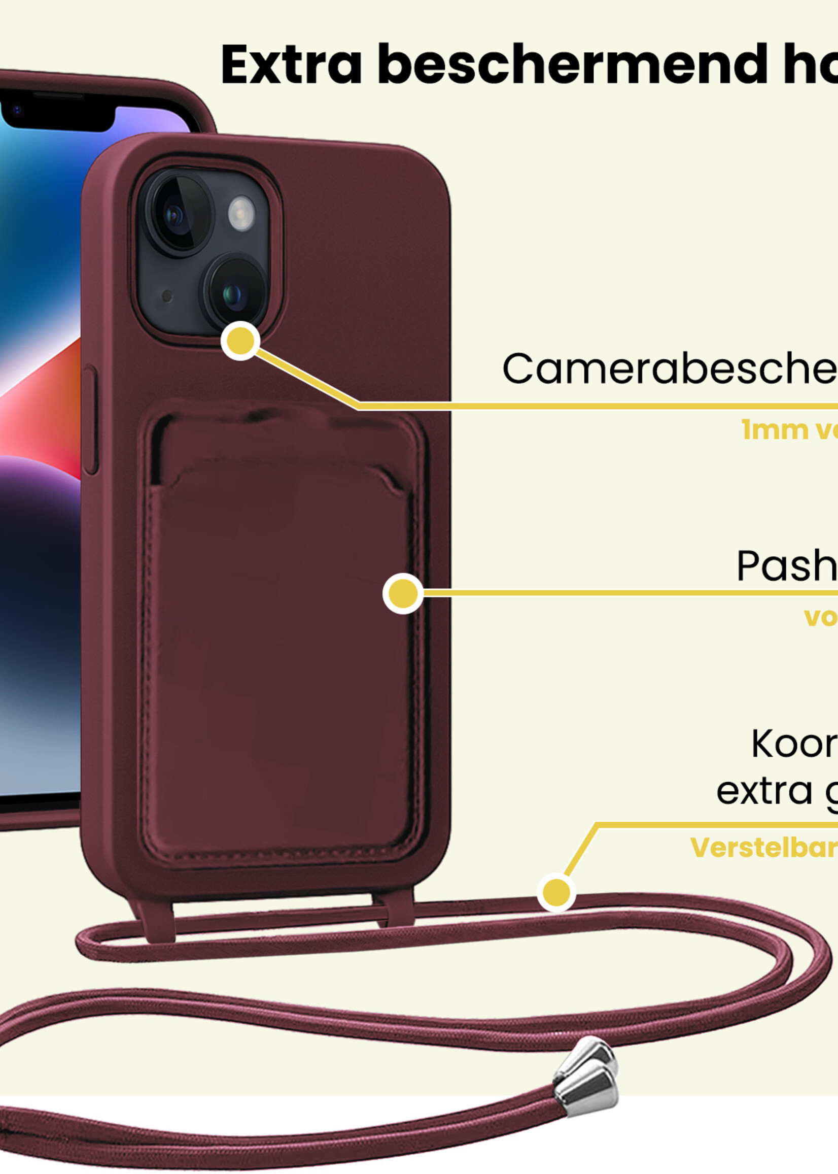 LUQ LUQ iPhone 14 Hoesje Pashouder met Koord Met 2x Screenprotector - Aubergine