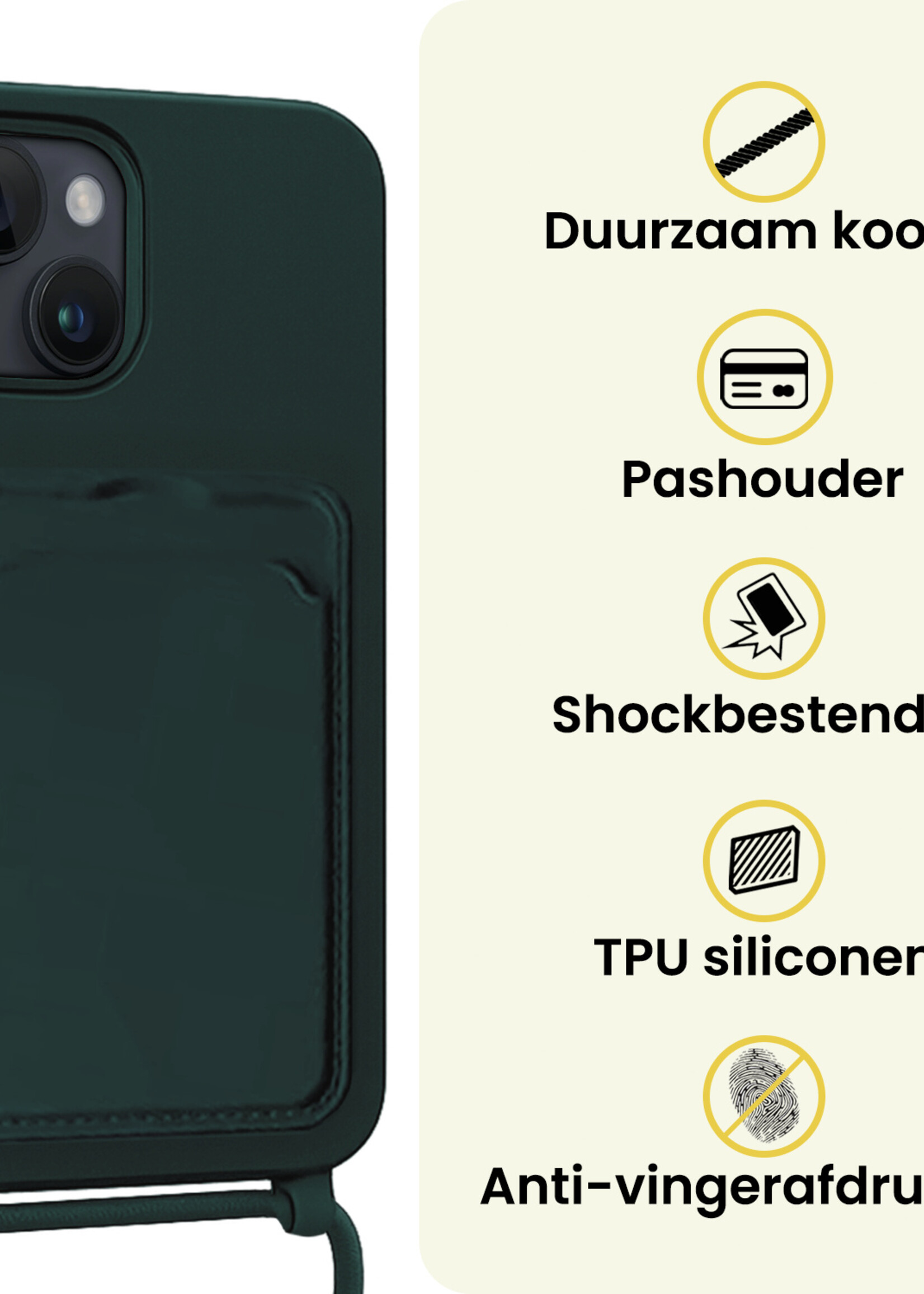 LUQ LUQ iPhone 14 Hoesje Pashouder met Koord Met Screenprotector - Donkergroen
