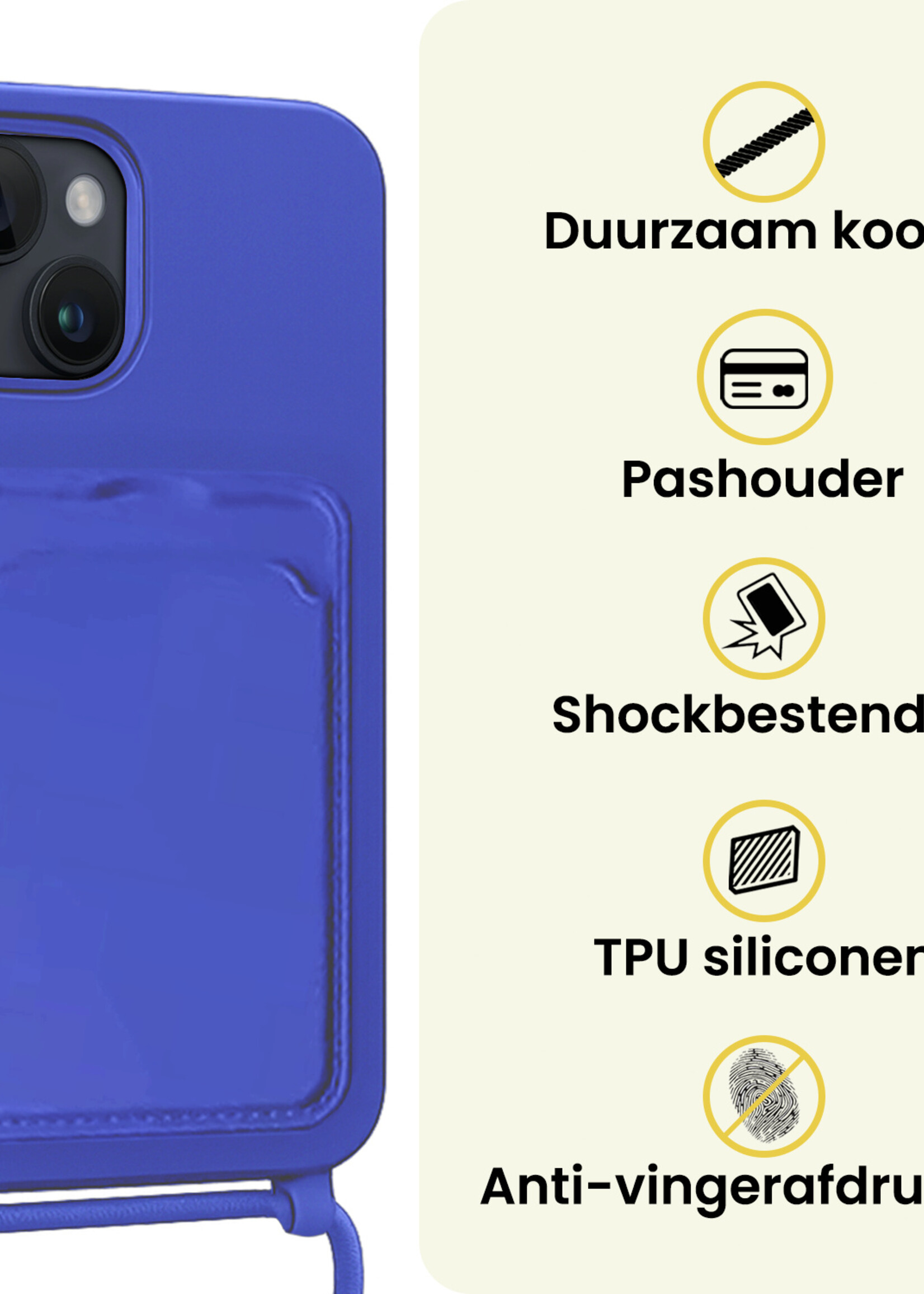 LUQ LUQ iPhone 14 Hoesje Pashouder met Koord Met Screenprotector - Fel Blauw