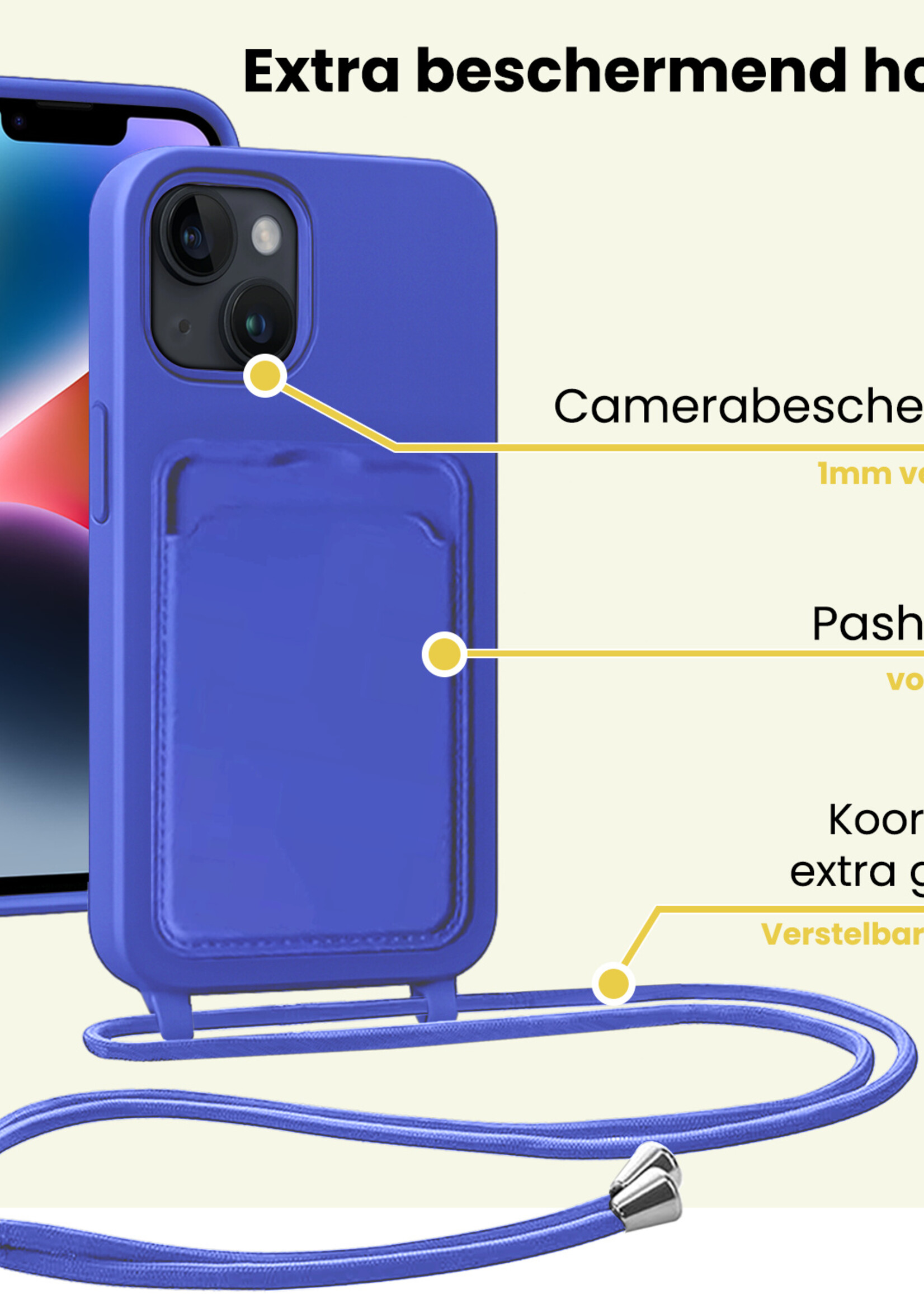 LUQ LUQ iPhone 14 Hoesje Pashouder met Koord Met 2x Screenprotector - Fel Blauw