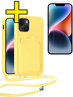 LUQ LUQ iPhone 14 Hoesje Pashouder met Koord Met Screenprotector - Geel