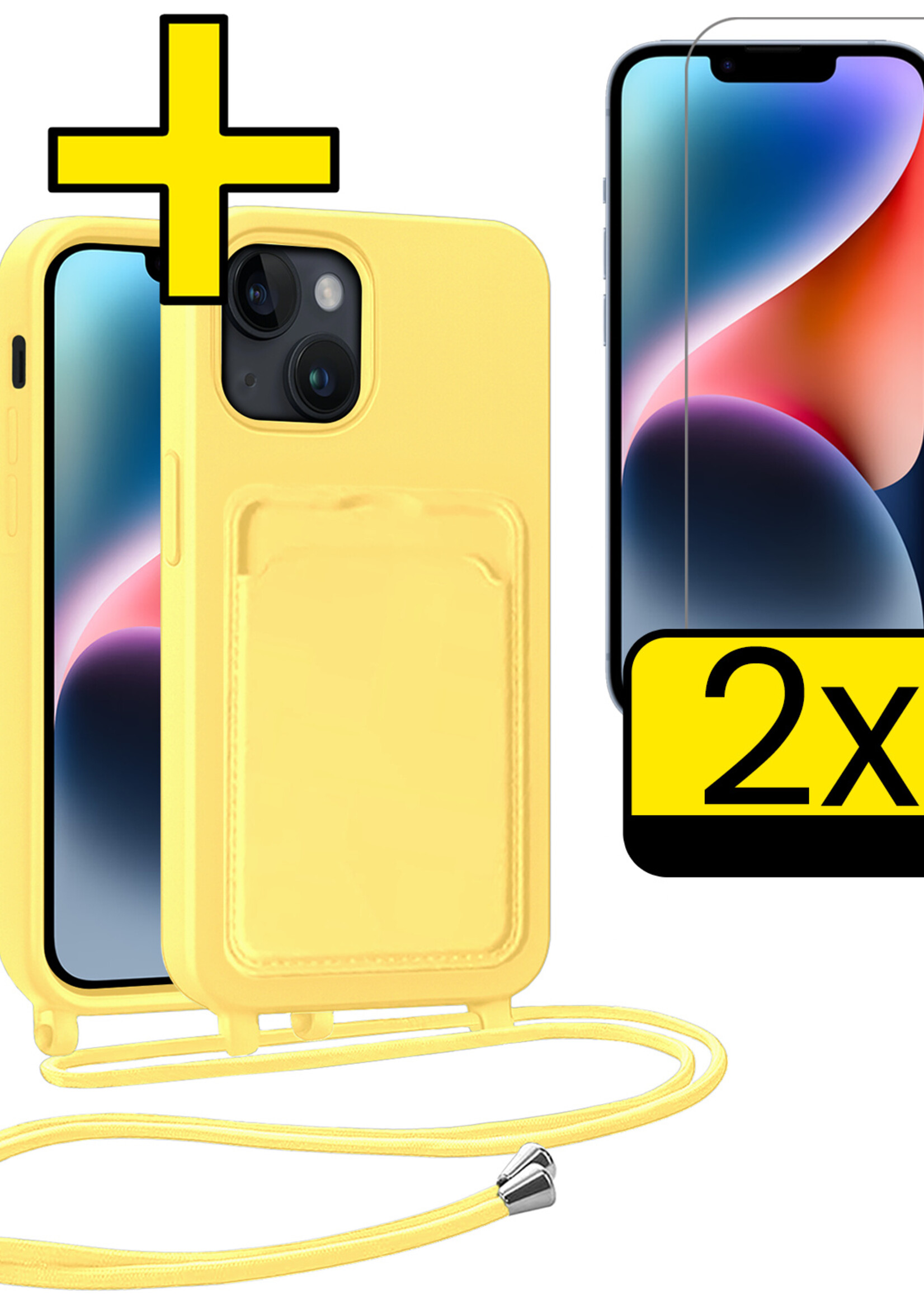 LUQ LUQ iPhone 14 Hoesje Pashouder met Koord Met 2x Screenprotector - Geel
