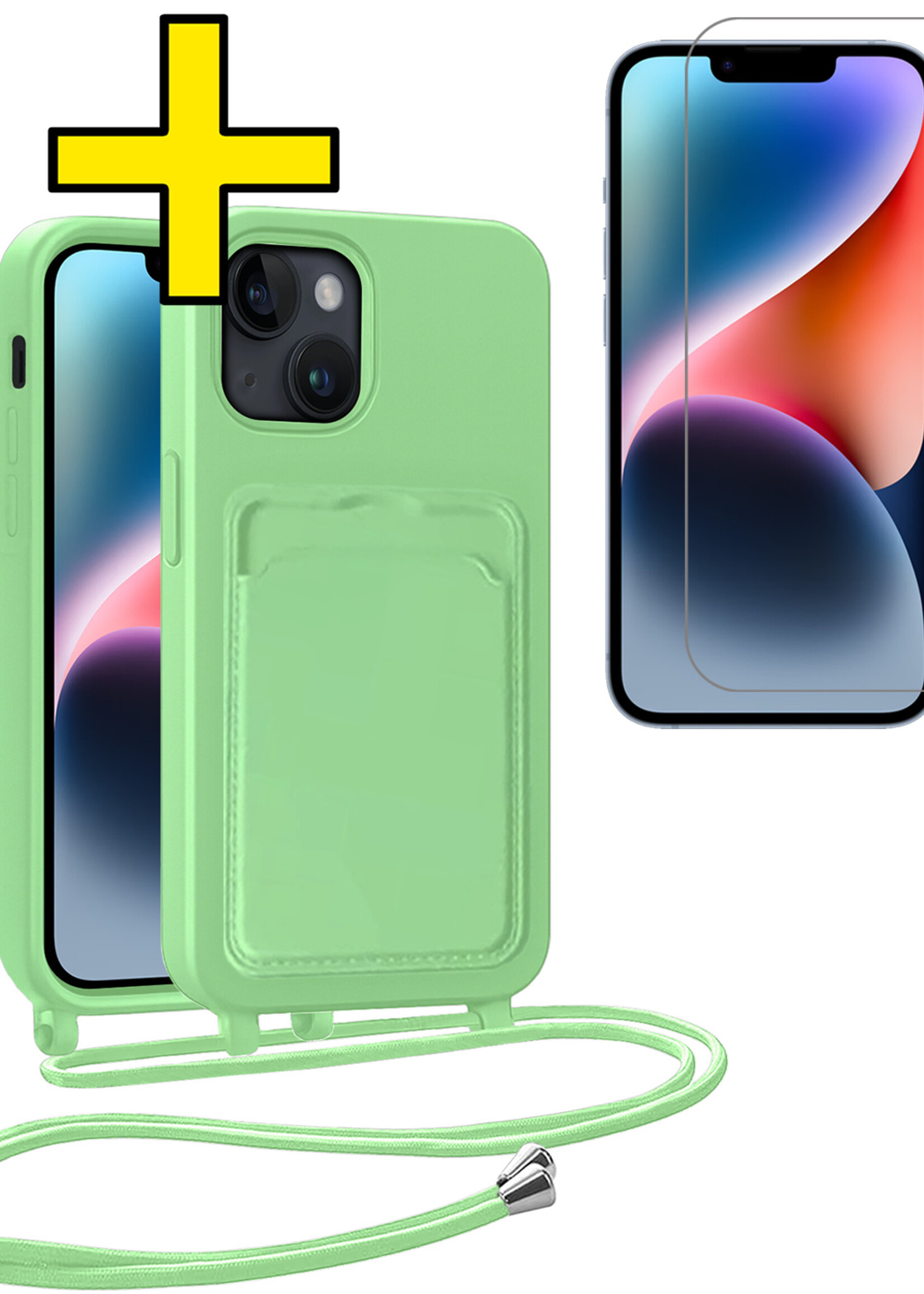 LUQ LUQ iPhone 14 Hoesje Pashouder met Koord Met Screenprotector - Groen