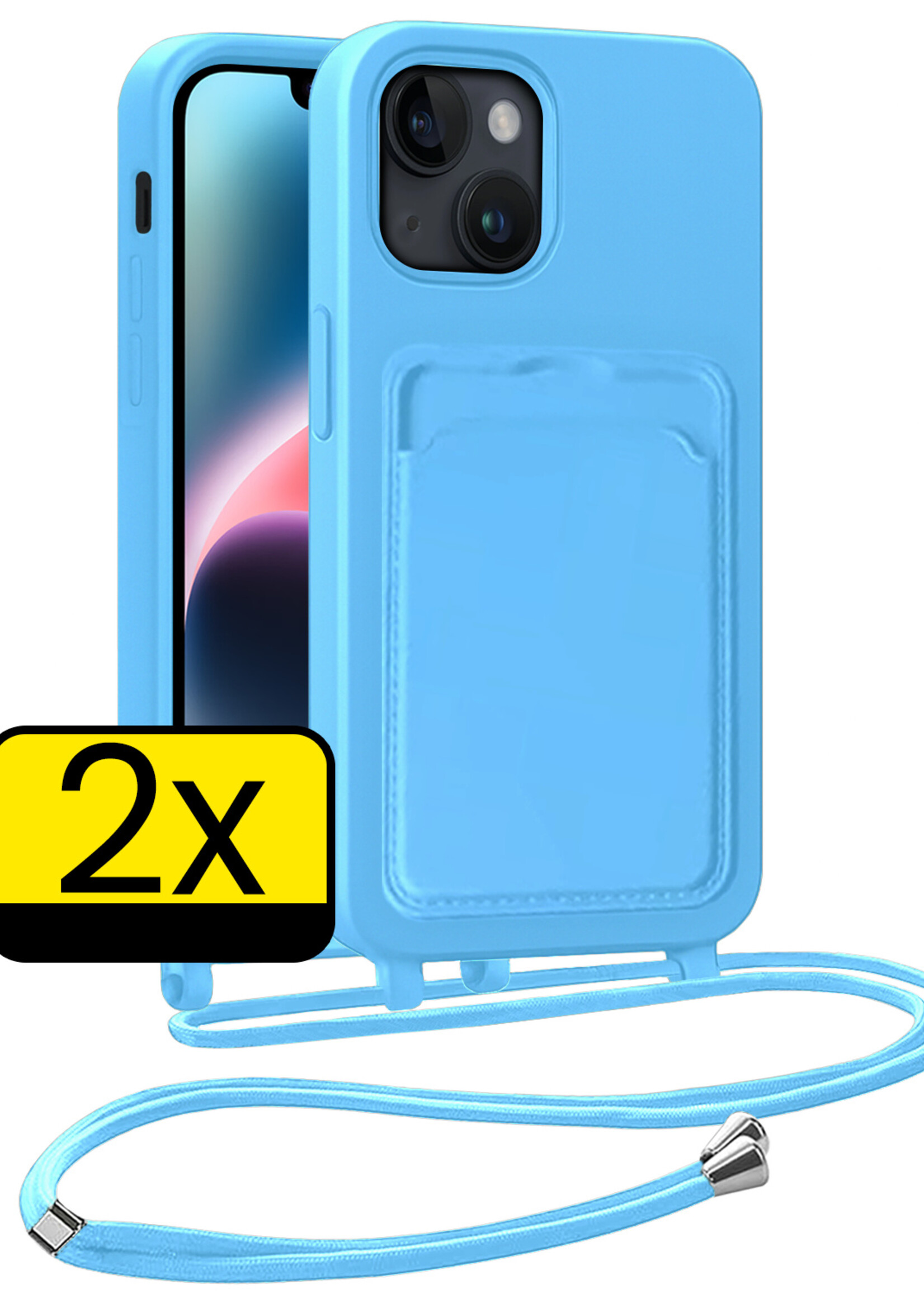 LUQ LUQ iPhone 14 Hoesje Pashouder met Koord - Lichtblauw - 2 PACK