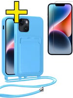 LUQ LUQ iPhone 14 Hoesje Pashouder met Koord Met Screenprotector - Lichtblauw