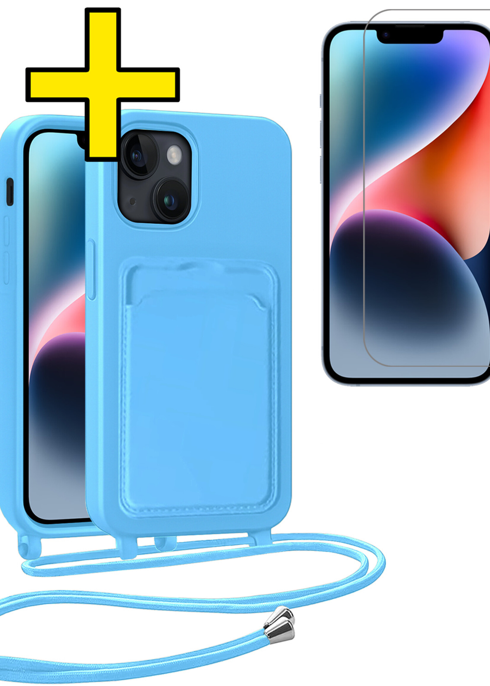 LUQ LUQ iPhone 14 Hoesje Pashouder met Koord Met Screenprotector - Lichtblauw