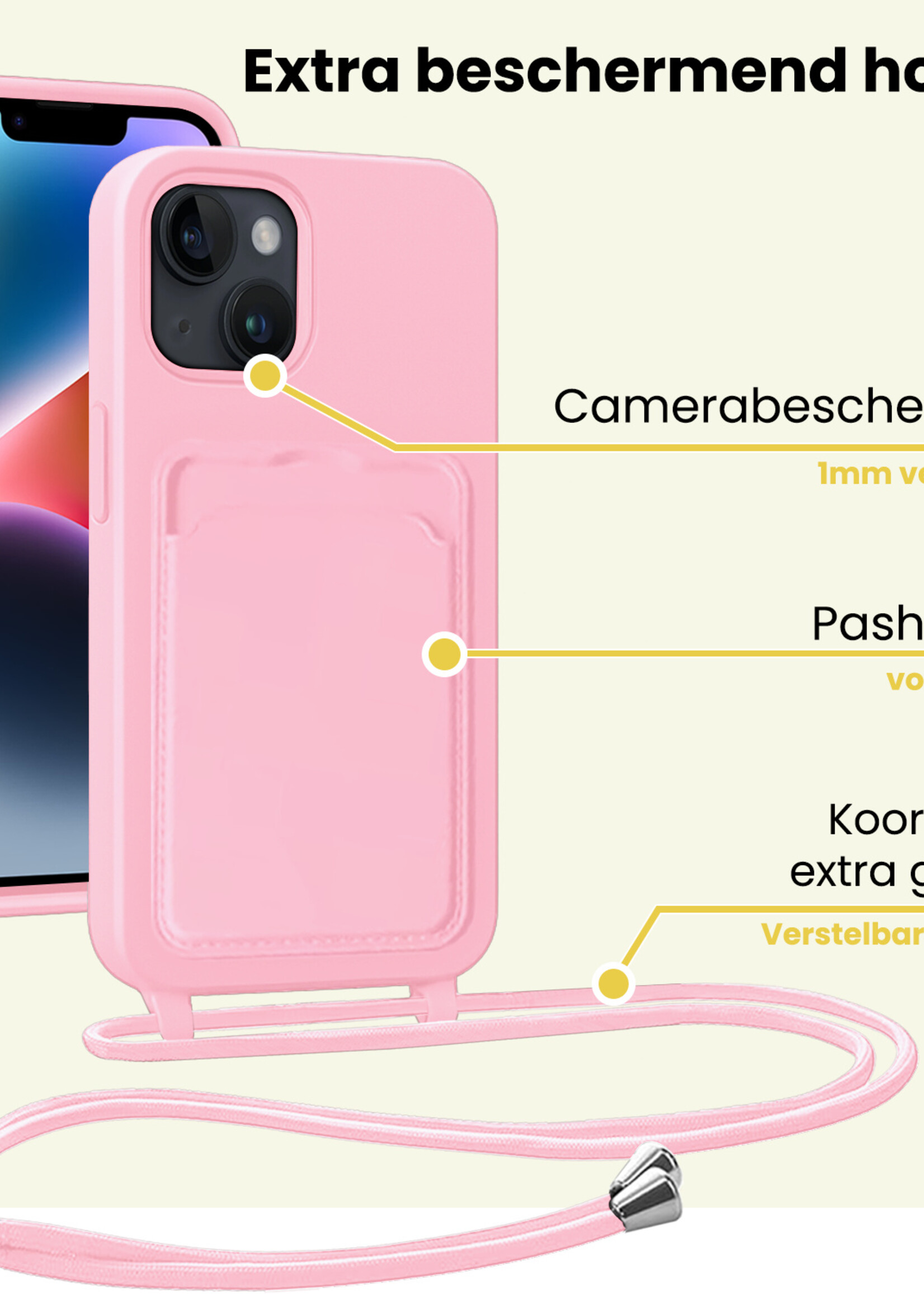 LUQ LUQ iPhone 14 Hoesje Pashouder met Koord - Lichtroze