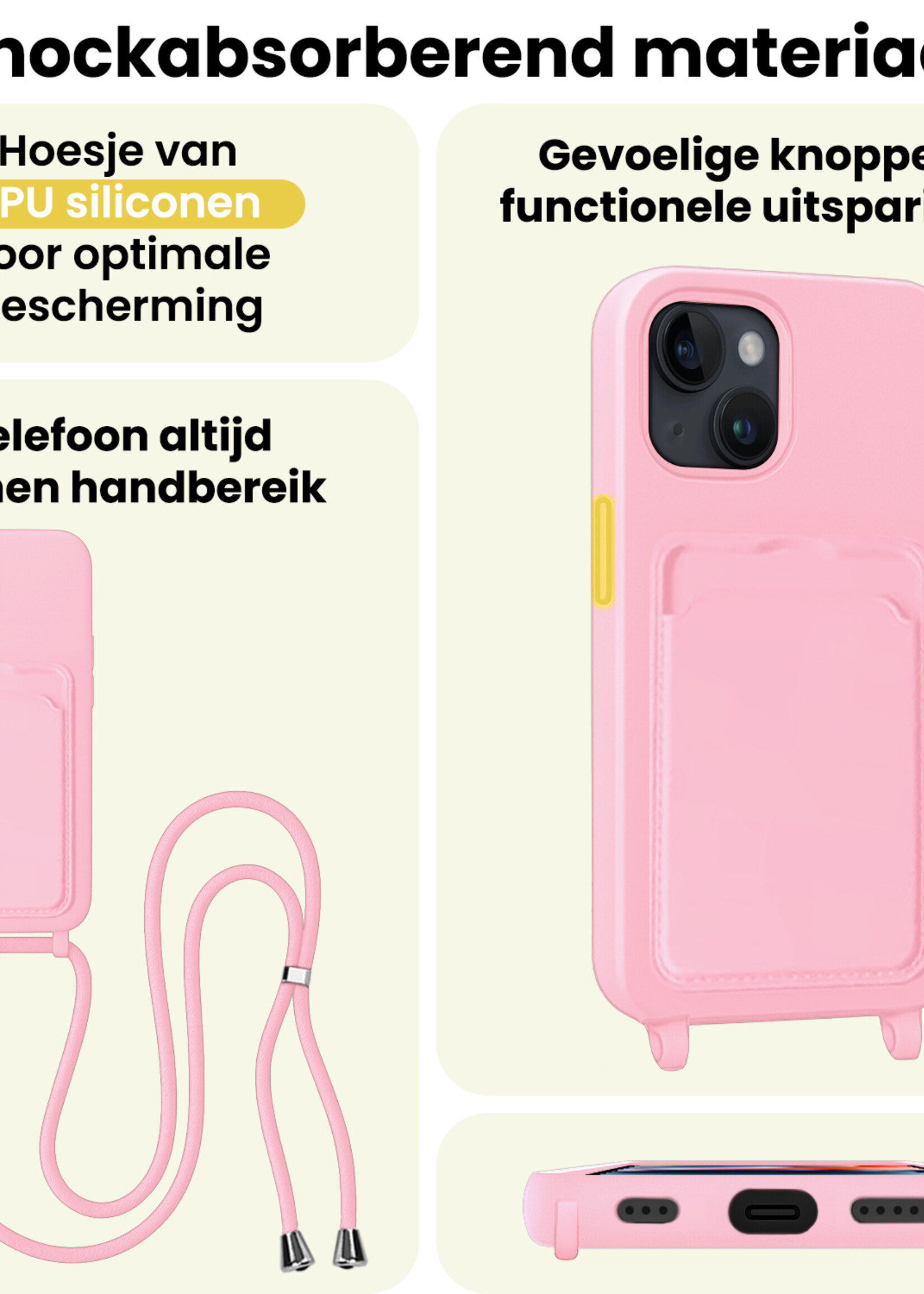 LUQ LUQ iPhone 14 Hoesje Pashouder met Koord - Lichtroze