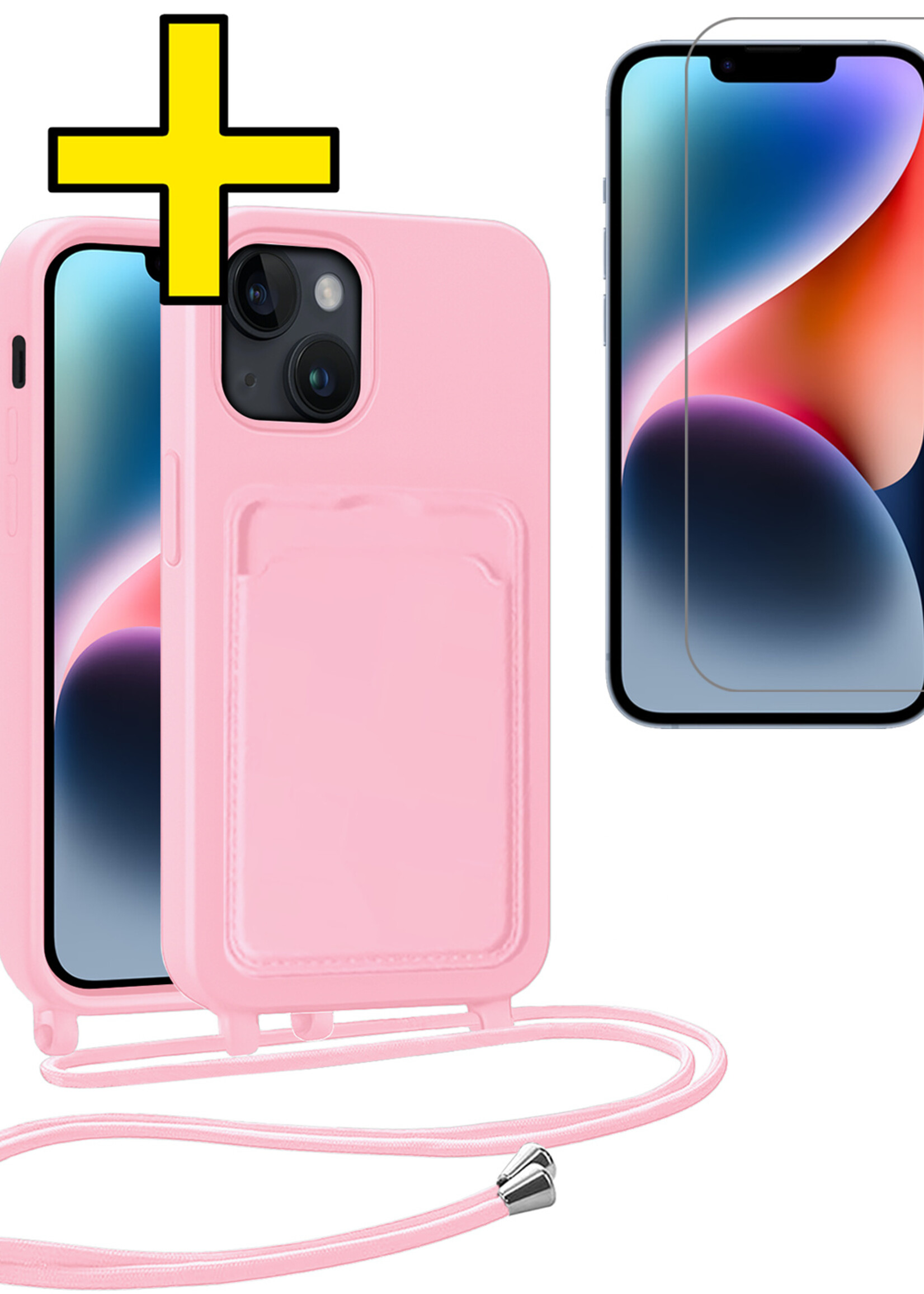 LUQ LUQ iPhone 14 Hoesje Pashouder met Koord Met Screenprotector - Lichtroze