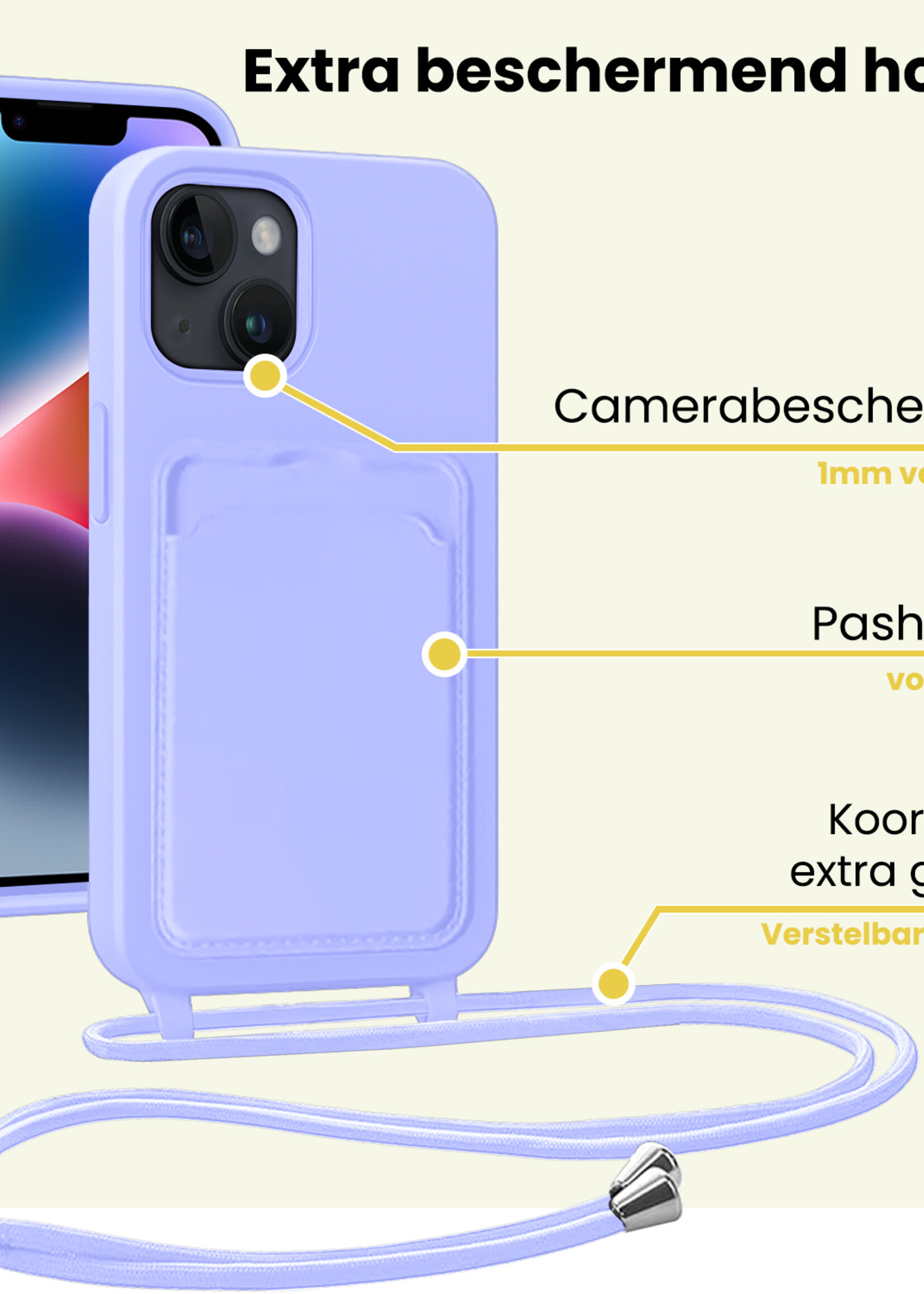 LUQ LUQ iPhone 14 Hoesje Pashouder met Koord Met 2x Screenprotector - Lila