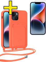 LUQ LUQ iPhone 14 Hoesje Pashouder met Koord Met Screenprotector - Papaya
