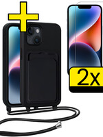LUQ LUQ iPhone 14 Hoesje Pashouder met Koord Met 2x Screenprotector - Zwart