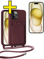 LUQ LUQ iPhone 14 Pro Hoesje Pashouder met Koord Met Screenprotector - Aubergine
