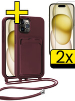 LUQ LUQ iPhone 14 Pro Hoesje Pashouder met Koord Met 2x Screenprotector - Aubergine