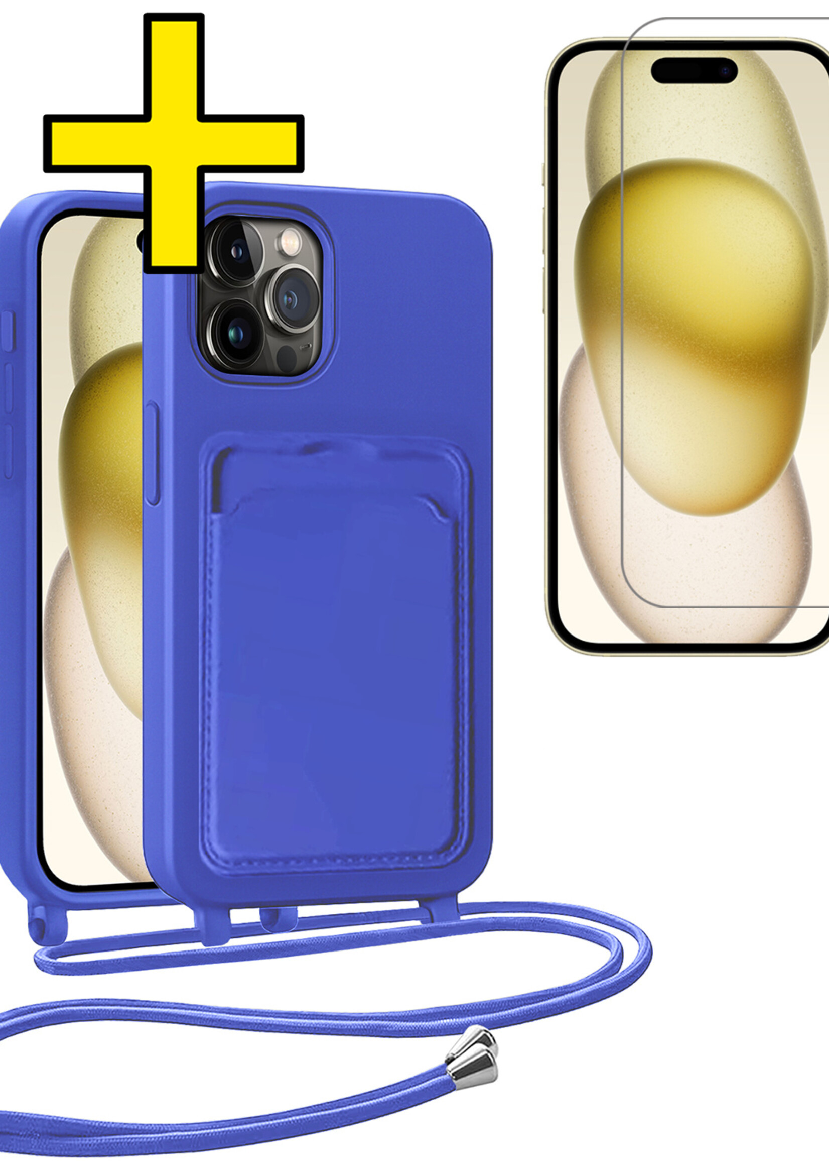 LUQ LUQ iPhone 14 Pro Hoesje Pashouder met Koord Met Screenprotector - Fel Blauw