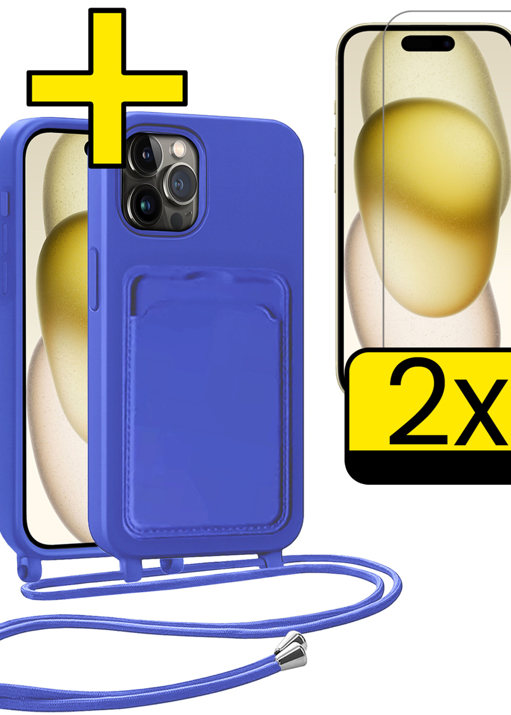 LUQ LUQ iPhone 14 Pro Hoesje Pashouder met Koord Met 2x Screenprotector - Fel Blauw