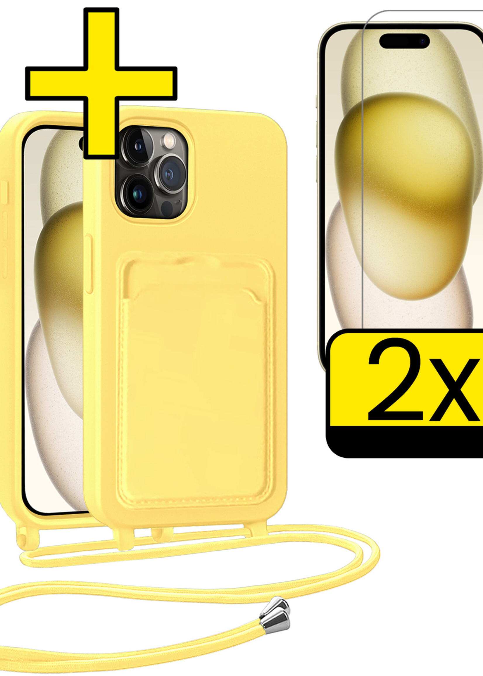 LUQ LUQ iPhone 14 Pro Hoesje Pashouder met Koord Met 2x Screenprotector - Geel