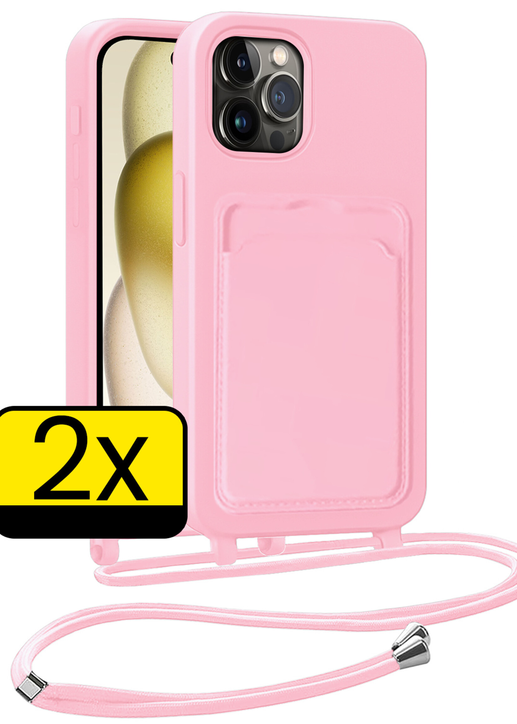 LUQ LUQ iPhone 14 Pro Hoesje Pashouder met Koord - Lichtroze - 2 PACK