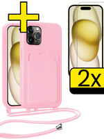 LUQ LUQ iPhone 14 Pro Hoesje Pashouder met Koord Met 2x Screenprotector - Lichtroze