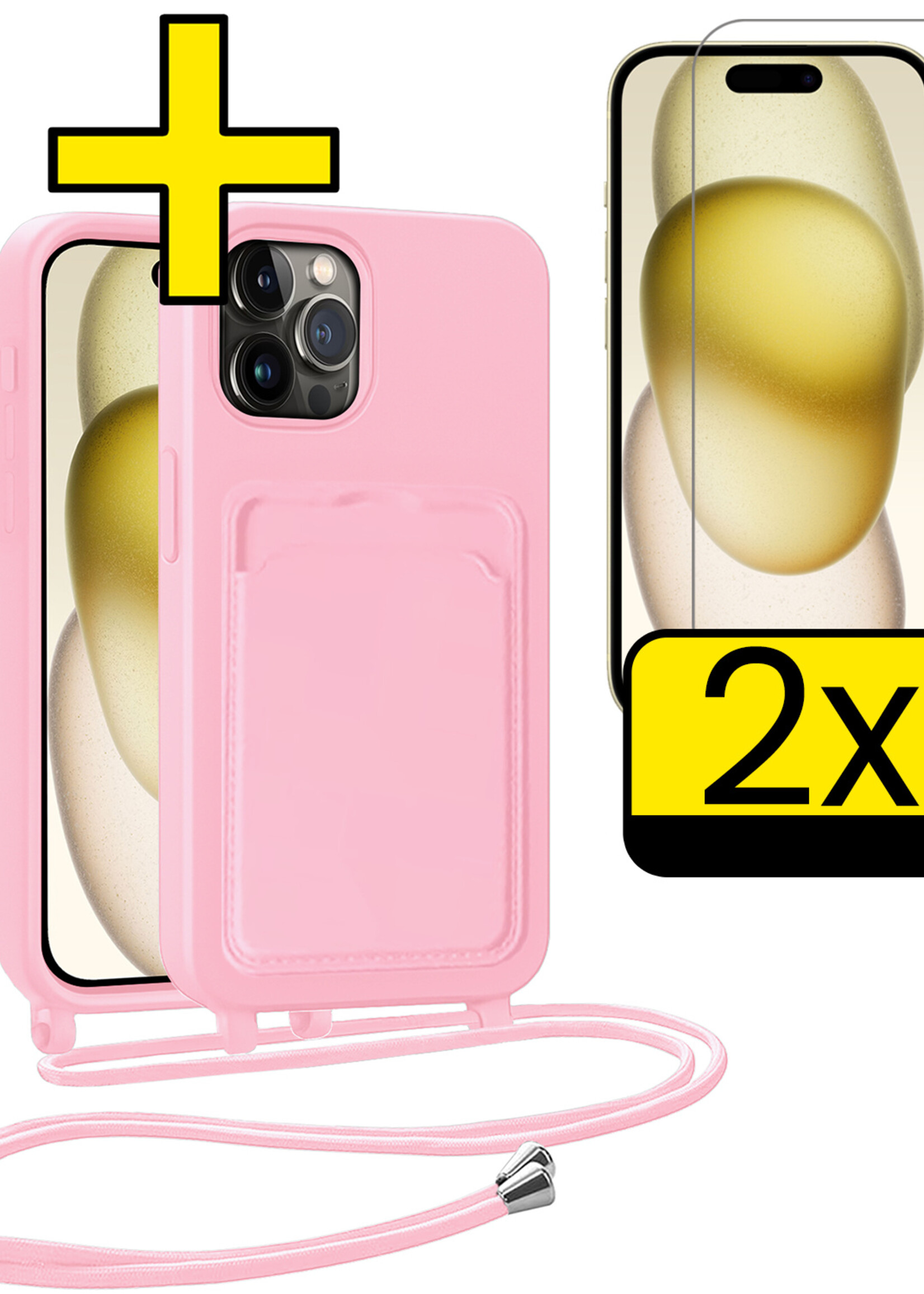 LUQ LUQ iPhone 14 Pro Hoesje Pashouder met Koord Met 2x Screenprotector - Lichtroze