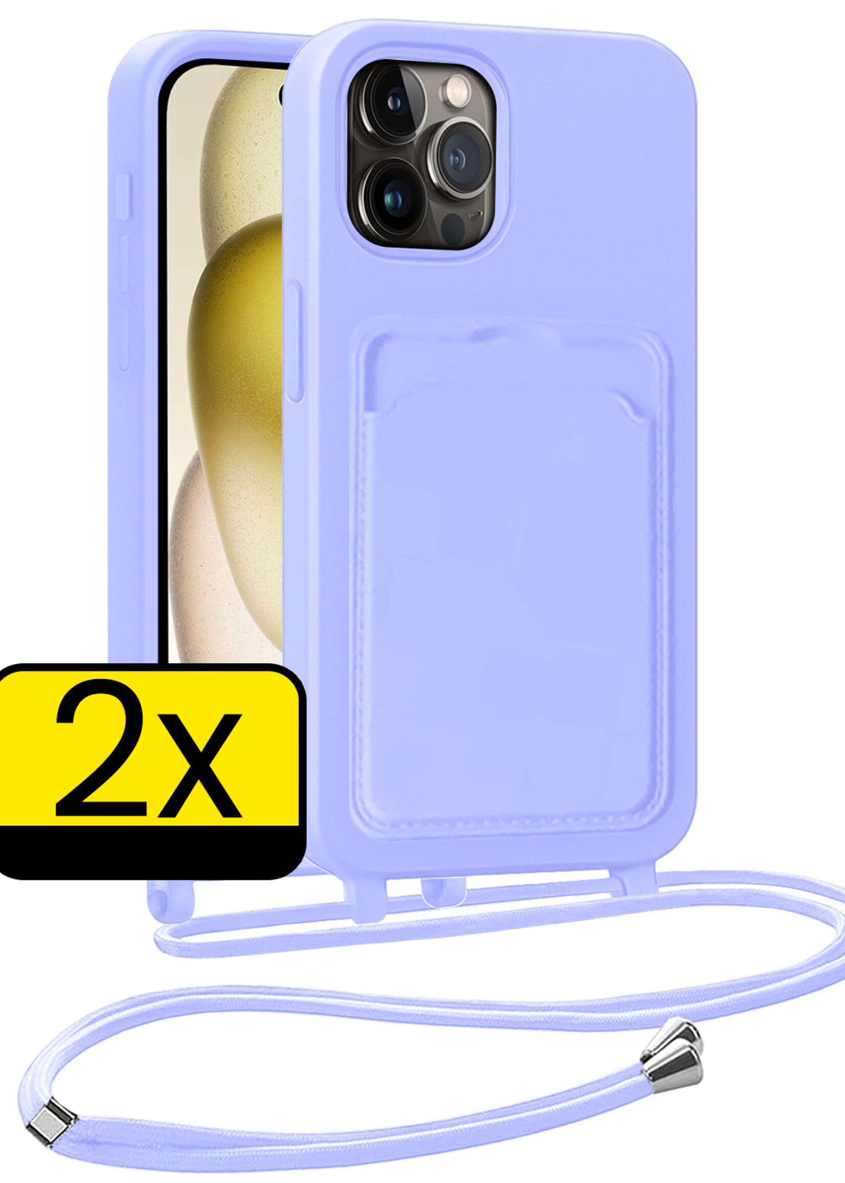 LUQ LUQ iPhone 14 Pro Hoesje Pashouder met Koord - Lila - 2 PACK