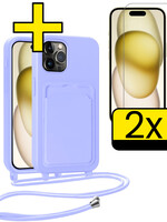 LUQ LUQ iPhone 14 Pro Hoesje Pashouder met Koord Met 2x Screenprotector - Lila
