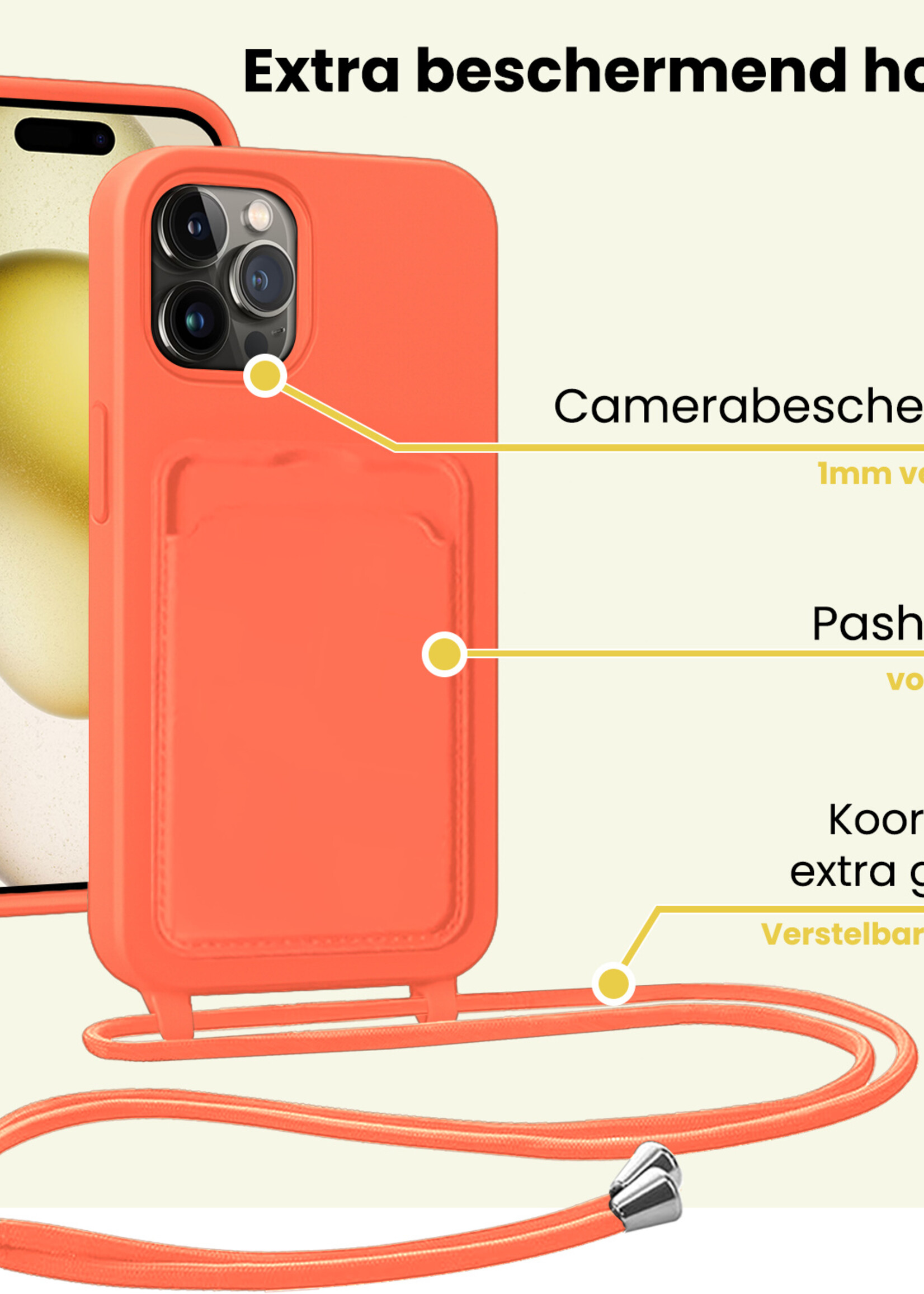 LUQ LUQ iPhone 14 Pro Hoesje Pashouder met Koord Met 2x Screenprotector - Papaya