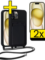LUQ LUQ iPhone 14 Pro Hoesje Pashouder met Koord Met 2x Screenprotector - Zwart