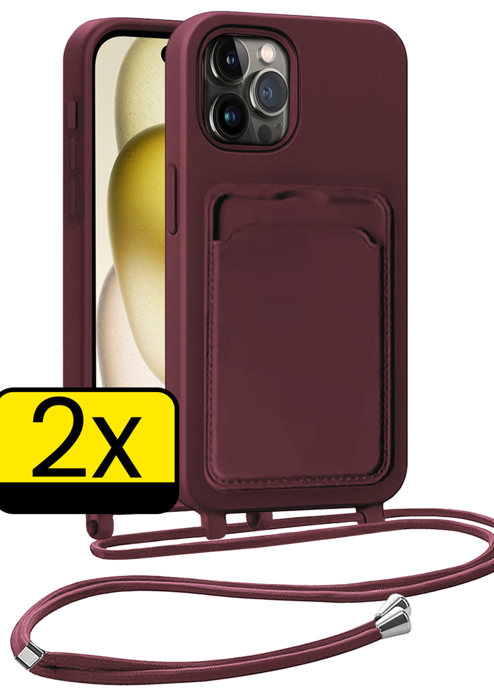 LUQ LUQ iPhone 14 Pro Max Hoesje Pashouder met Koord Met 2x Screenprotector - Aubergine