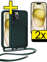LUQ LUQ iPhone 14 Pro Max Hoesje Pashouder met Koord Met 2x Screenprotector - Donkergroen