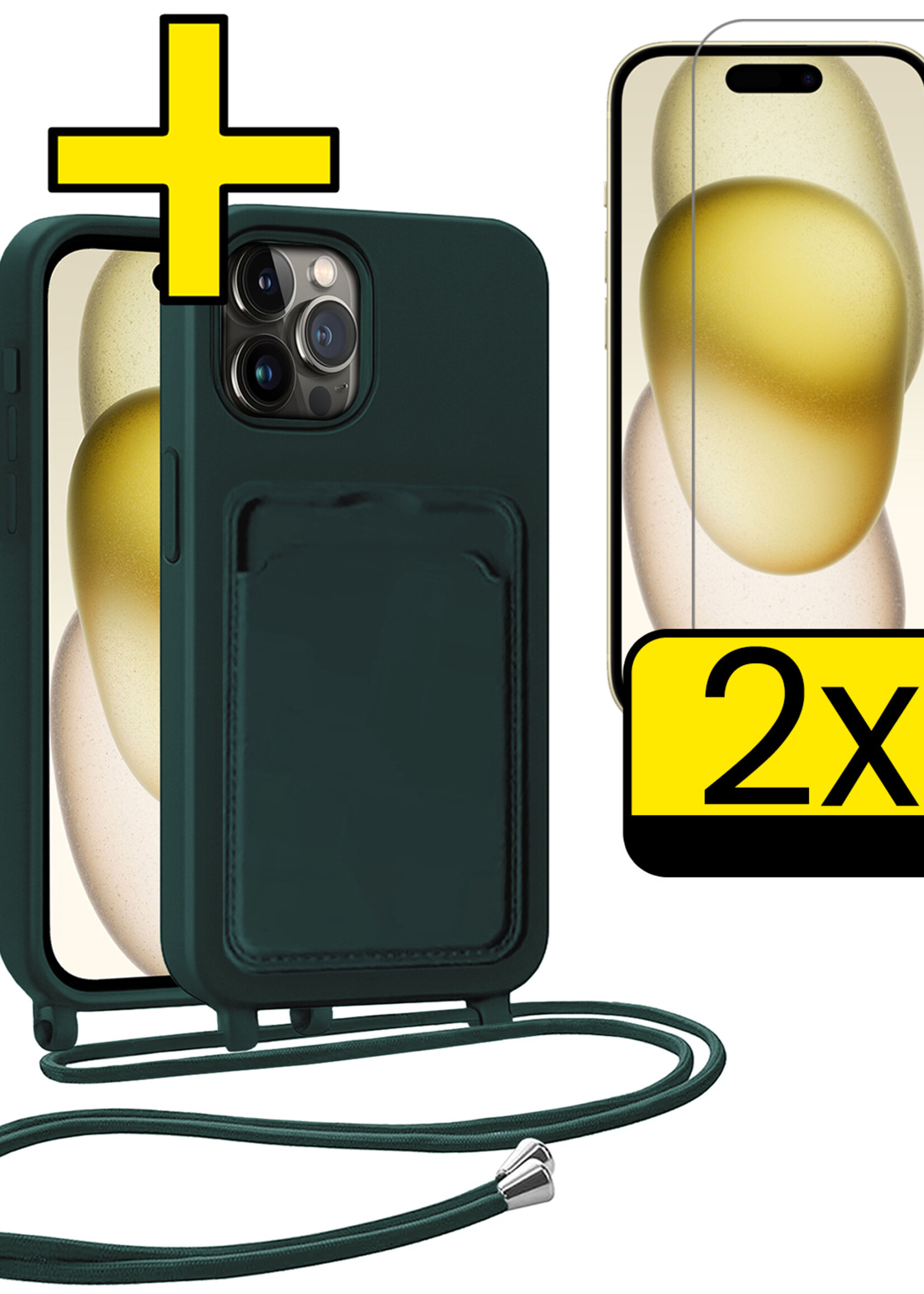 LUQ LUQ iPhone 14 Pro Max Hoesje Pashouder met Koord Met 2x Screenprotector - Donkergroen