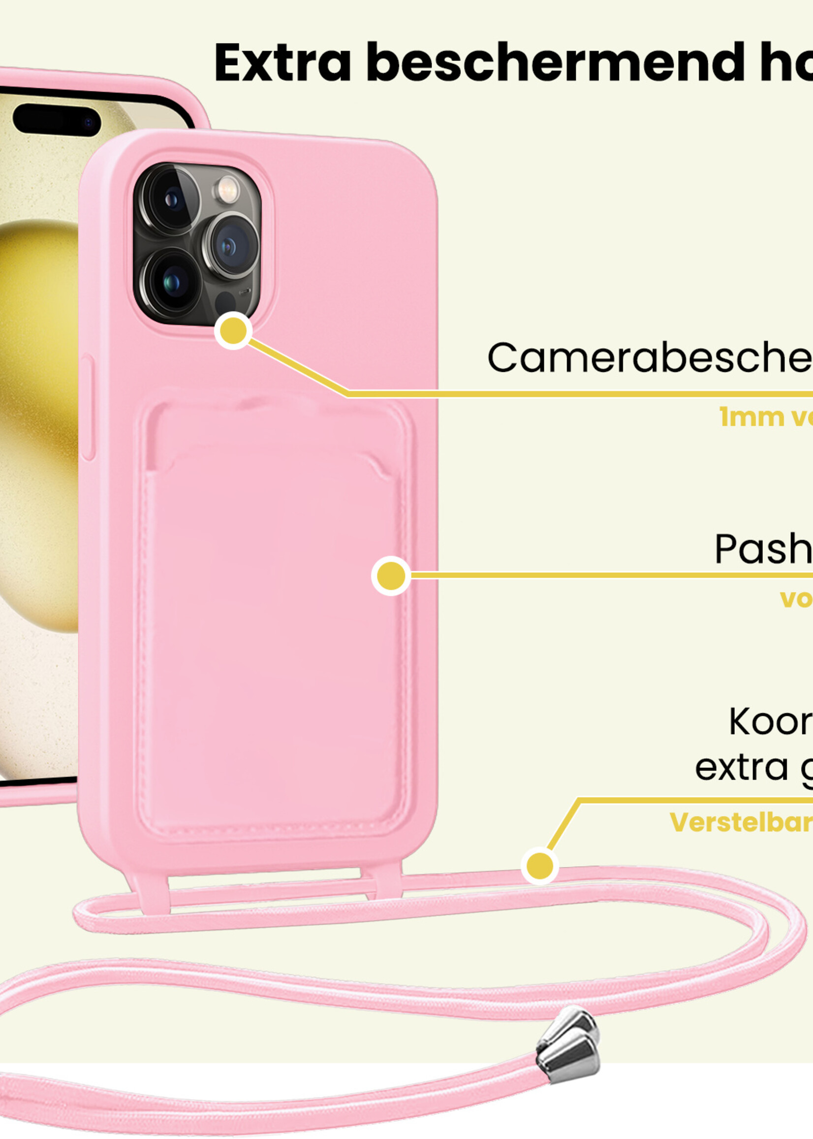 LUQ LUQ iPhone 14 Pro Max Hoesje Pashouder met Koord - Lichtroze