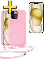 LUQ LUQ iPhone 14 Pro Max Hoesje Pashouder met Koord Met Screenprotector - Lichtroze