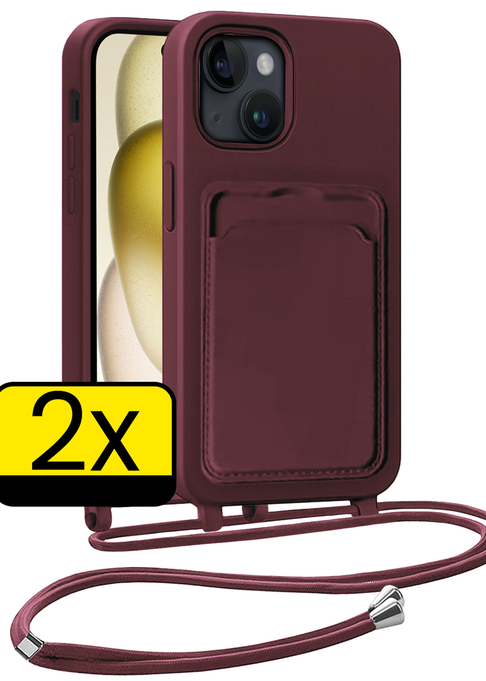 LUQ LUQ iPhone 15 Plus Hoesje Pashouder met Koord - Aubergine - 2 PACK
