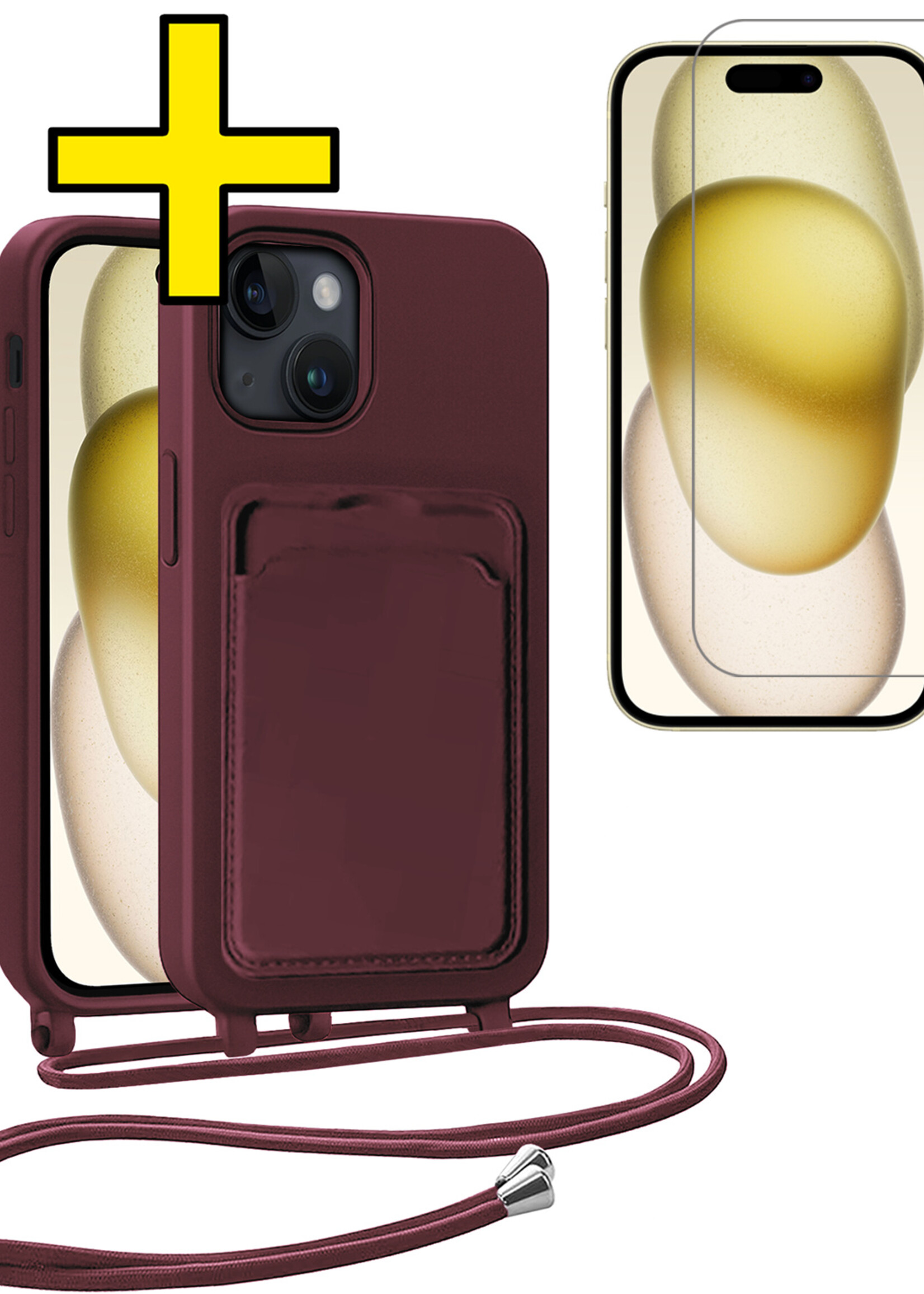 LUQ LUQ iPhone 15 Plus Hoesje Pashouder met Koord Met Screenprotector - Aubergine