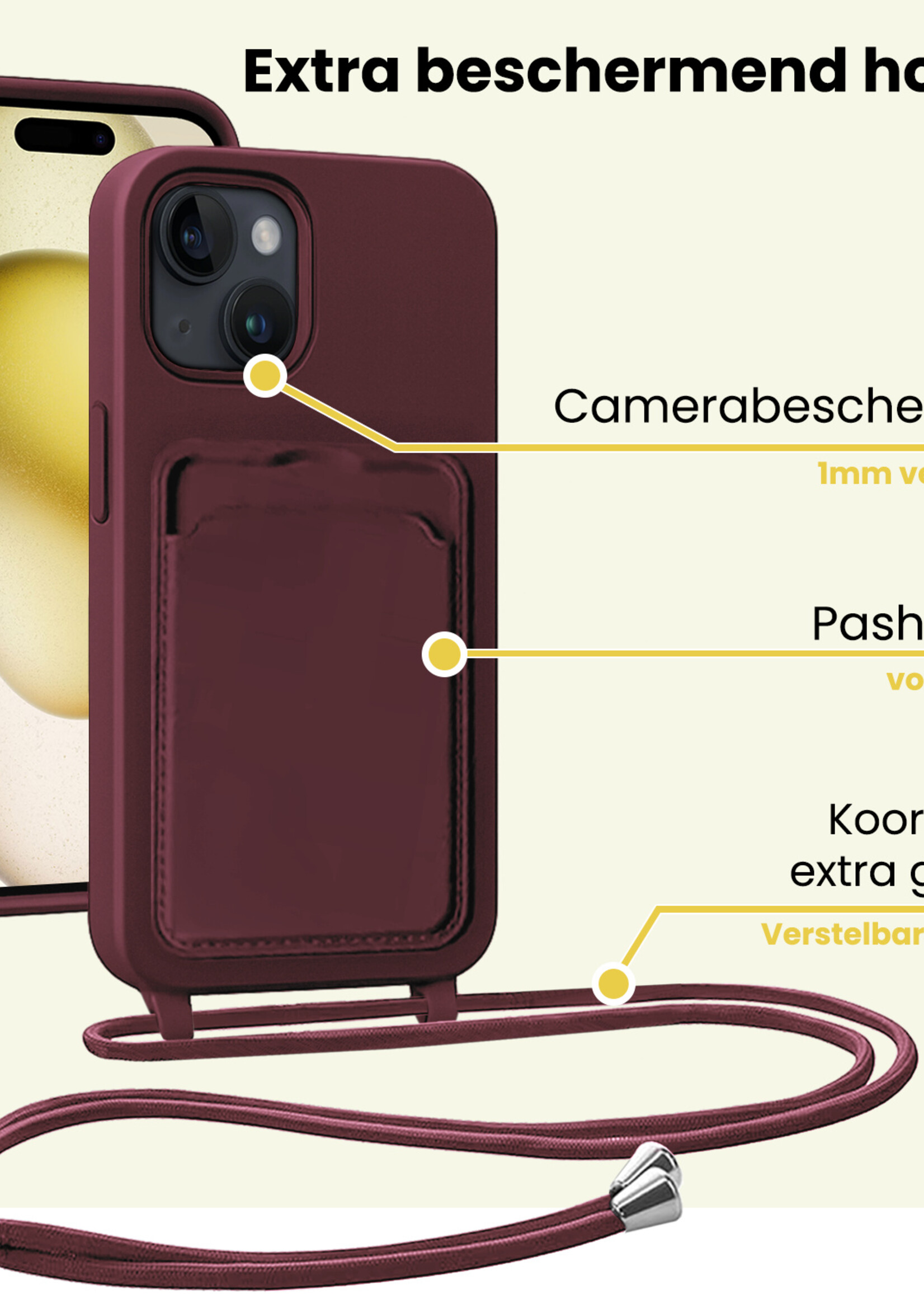 LUQ LUQ iPhone 15 Plus Hoesje Pashouder met Koord Met Screenprotector - Aubergine