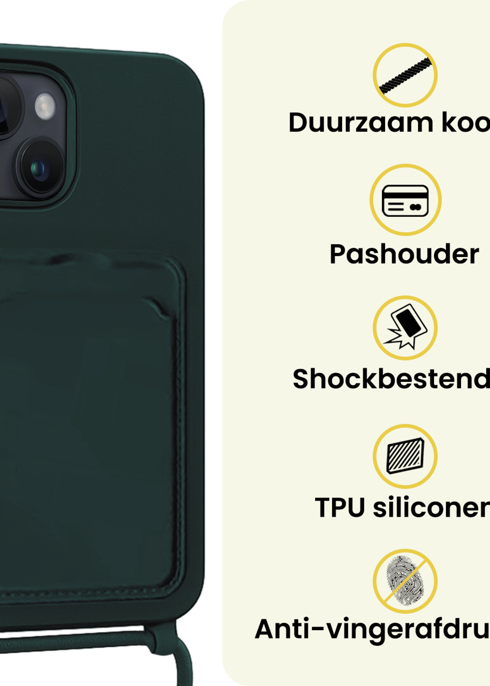 LUQ LUQ iPhone 15 Plus Hoesje Pashouder met Koord - Donkergroen