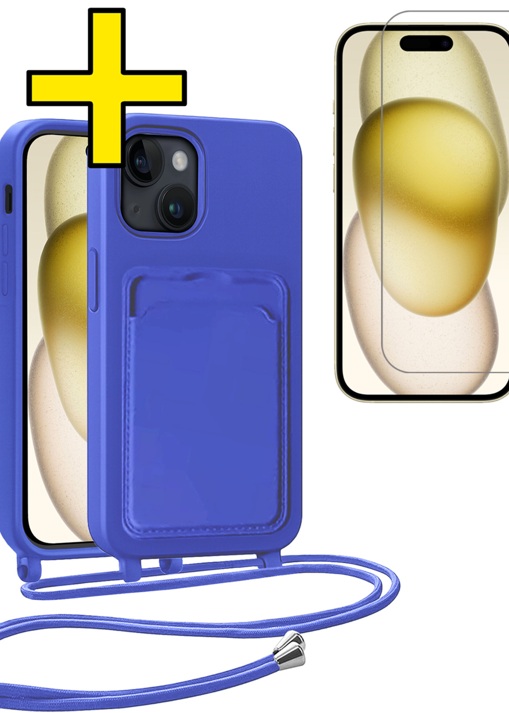LUQ LUQ iPhone 15 Plus Hoesje Pashouder met Koord Met Screenprotector - Fel Blauw