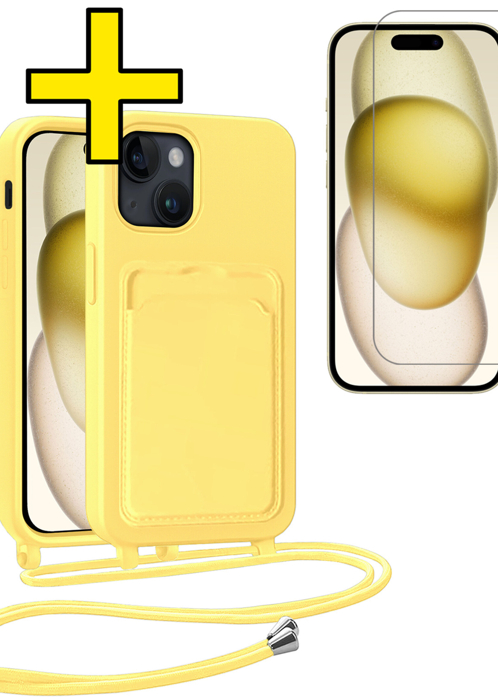 LUQ LUQ iPhone 15 Plus Hoesje Pashouder met Koord Met Screenprotector - Geel