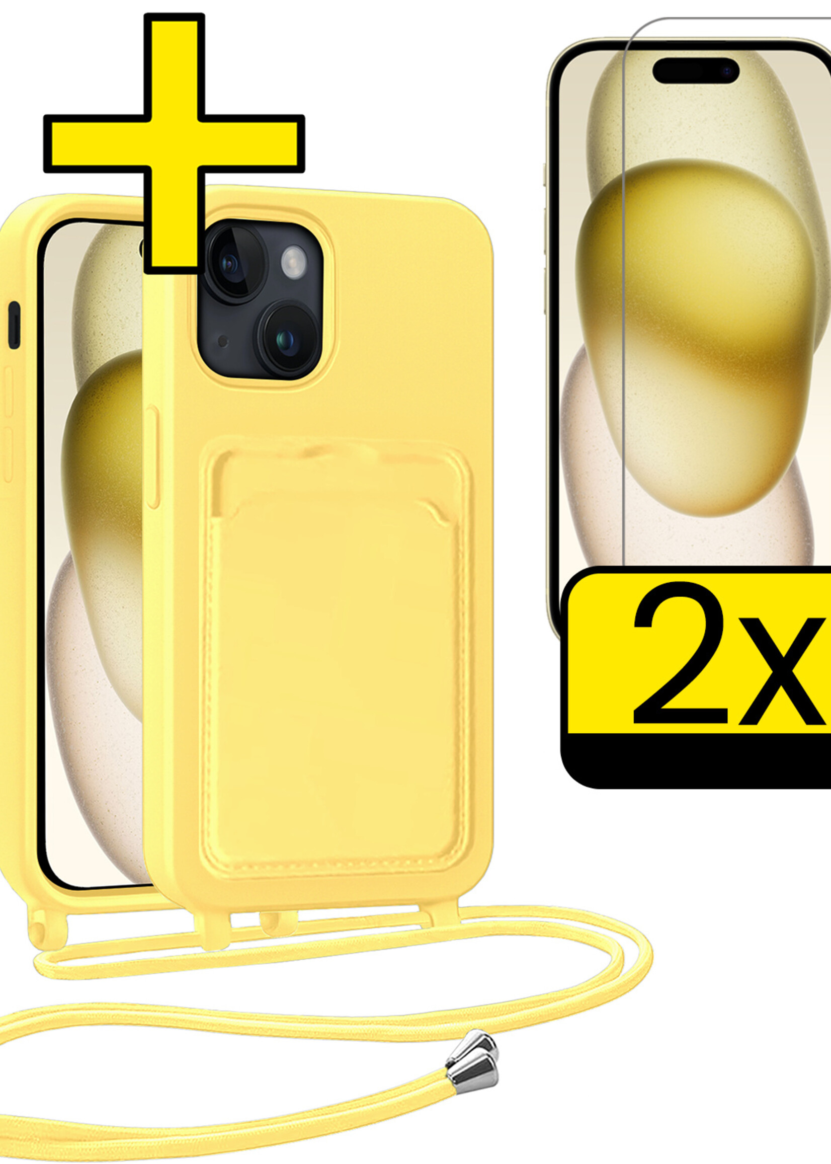 LUQ LUQ iPhone 15 Plus Hoesje Pashouder met Koord Met 2x Screenprotector - Geel
